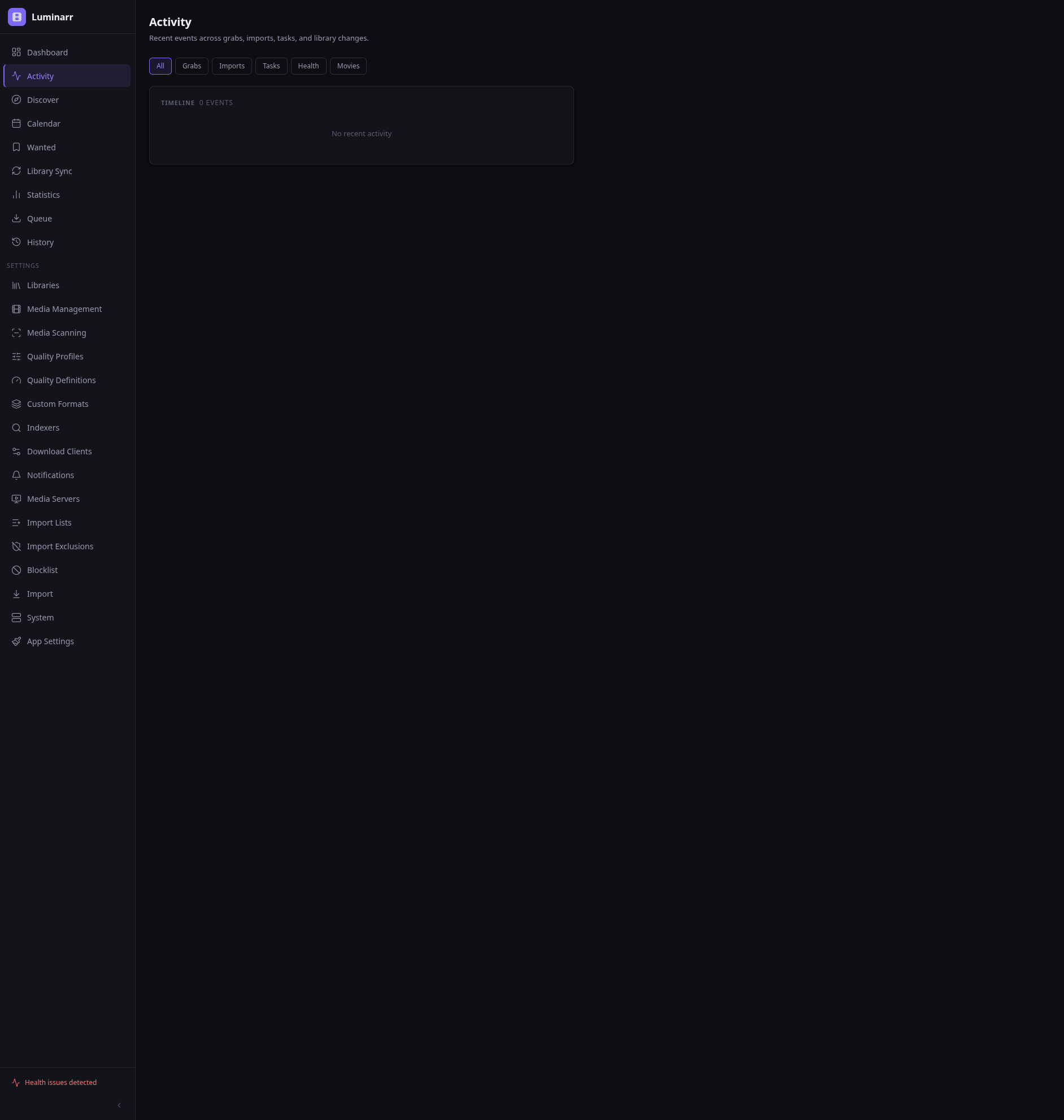 Activity page showing event timeline with category filter pills