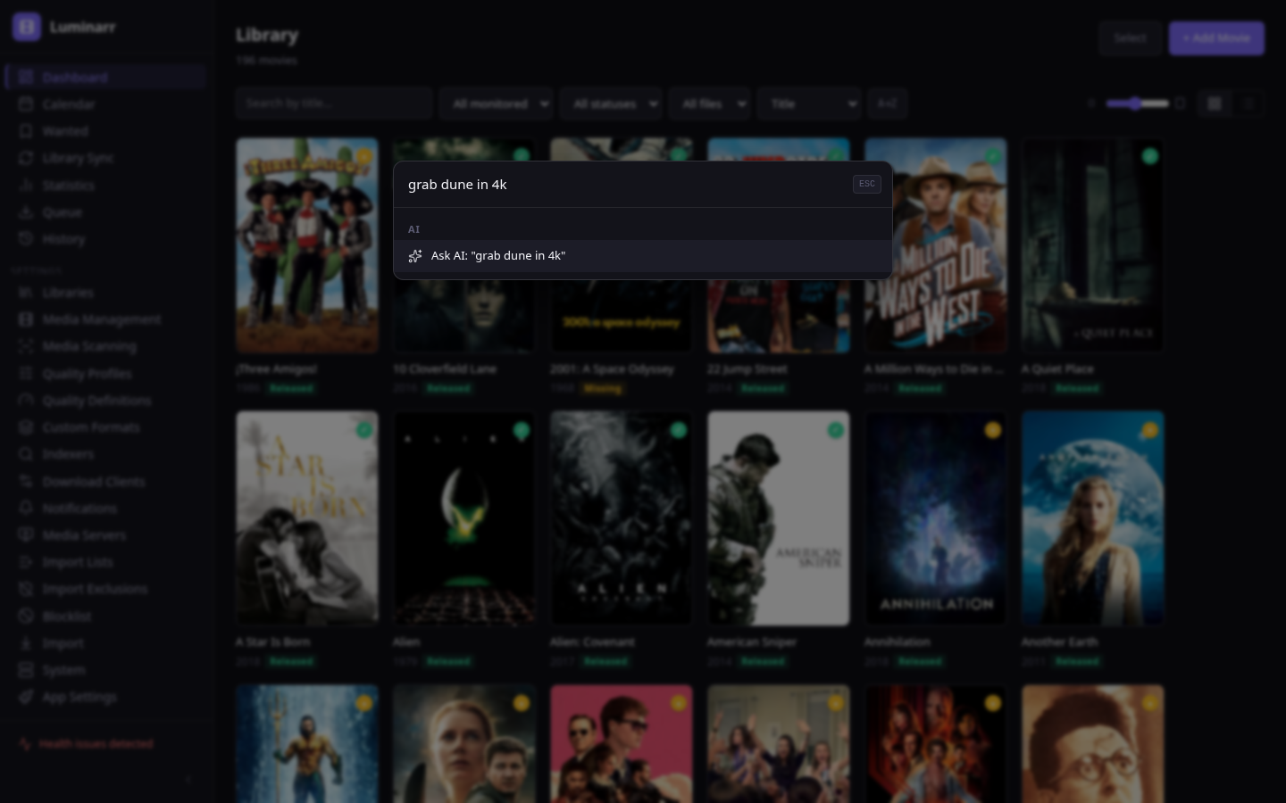 AI command palette showing Ask AI option for 'grab dune in 4k'