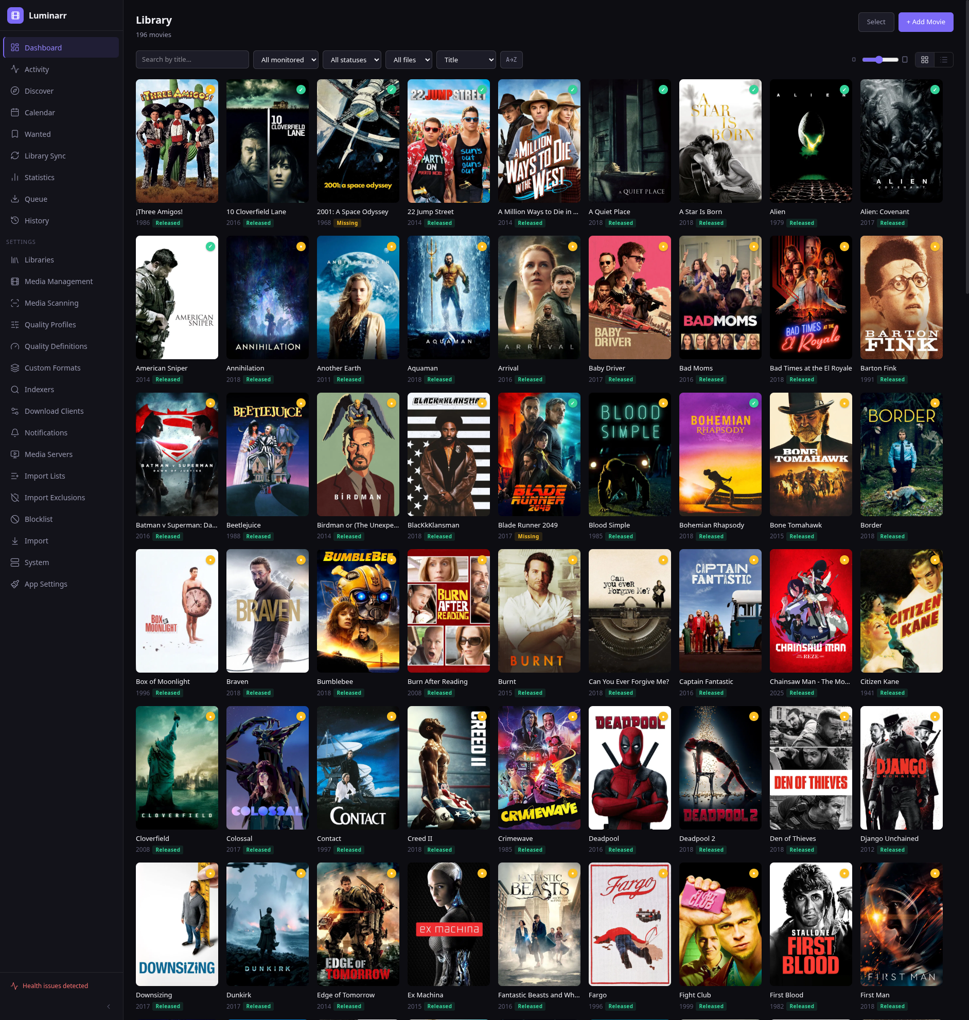 Luminarr dashboard with movie poster grid, Activity and Discover in sidebar