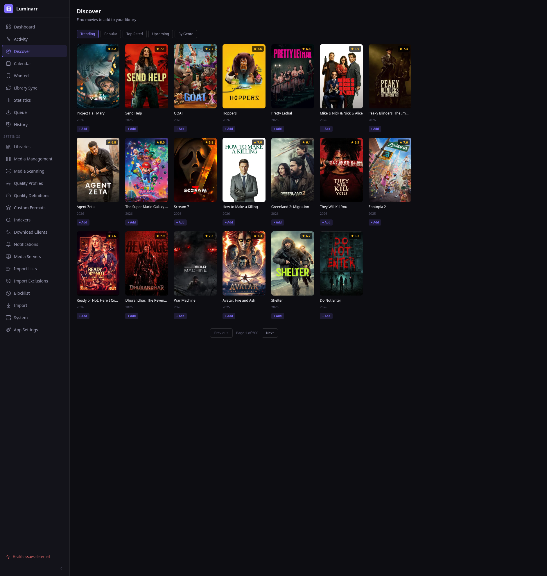 Discover page showing trending movies from TMDB with rating badges and Add buttons
