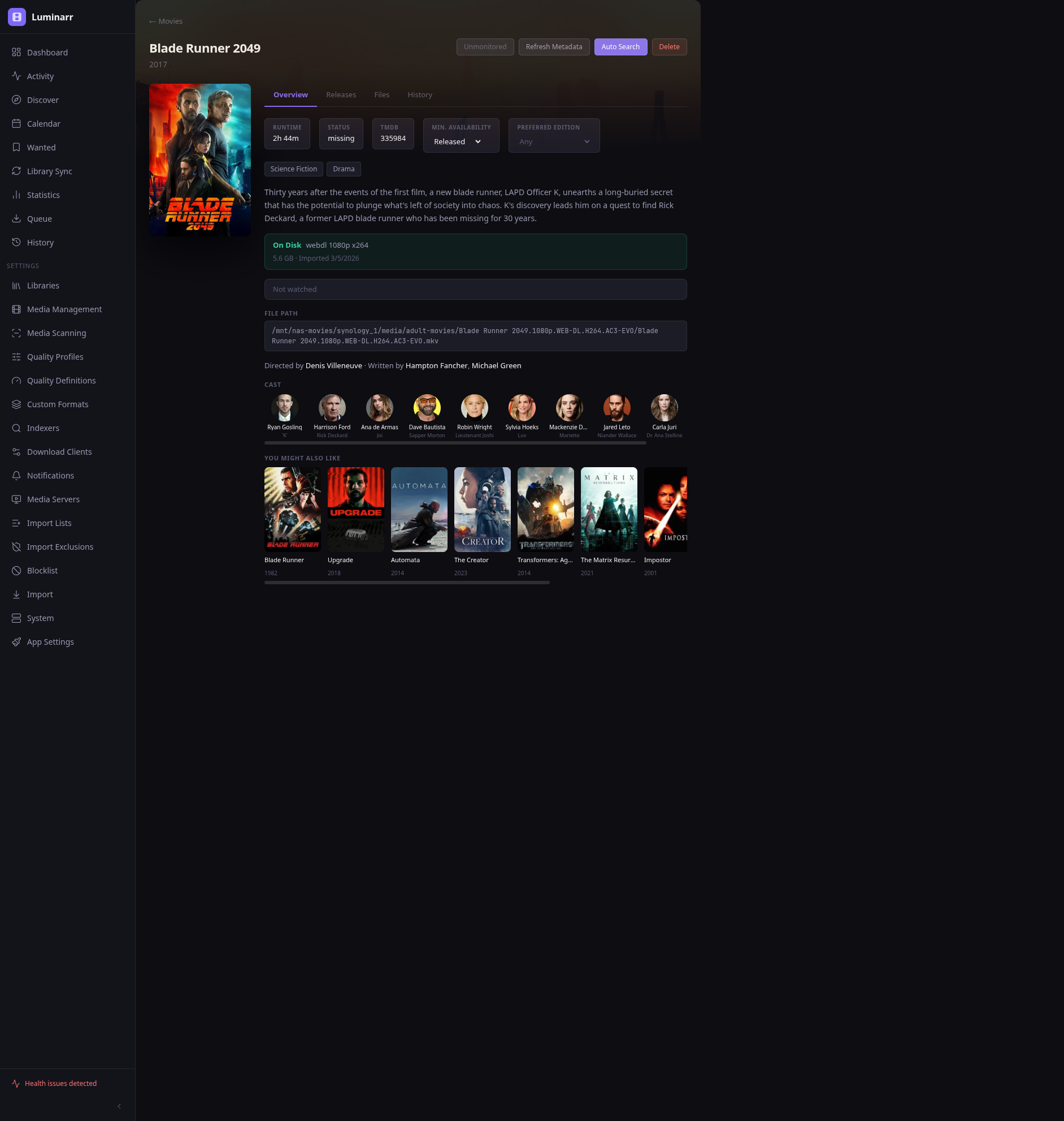 Movie detail page for Blade Runner 2049 showing cast, crew, file status, and similar movies